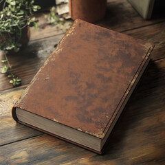 Close-up of a blank book cover on a wooden table, modern and clean layout, soft shadows, space for custom text or design