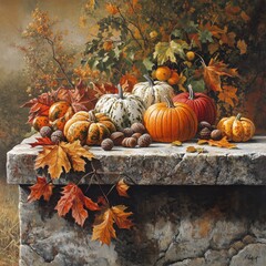 Fototapete - A happy Thanksgiving scene with pumpkins, acorns, and colorful fall leaves arranged on a stone table.  There's plenty of room for writing or adding a message.
