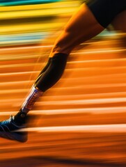 Poster - An athlete runs powerfully on a track, using a prosthetic leg, showcasing determination and resilience in a competitive setting. Generative AI