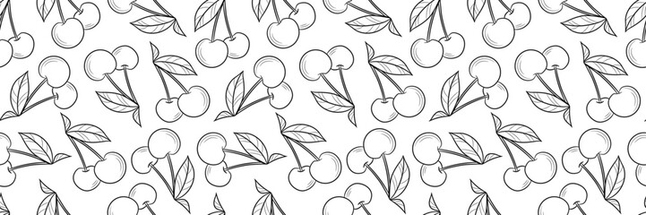 Cherry line art vector repeat pattern banner, seamless horizontal cover background design