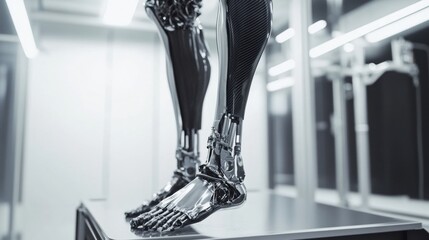 Aufkleber - The detailed design of a modern prosthetic leg highlights advanced materials and engineering in a clinical environment. Generative AI