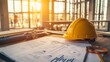 © Oulaphone - A construction scene featuring a yellow hard hat, blueprints, and tools lit by warm sunlight, emphasizing planning and safety in building projects.