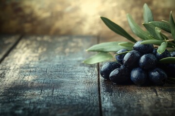 Canvas Print - Fresh black olives with leaves resting on rustic wooden table