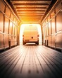 © ParinApril - A view of a van's empty interior with sunlight streaming through the open doors, highlighting the metallic textures.