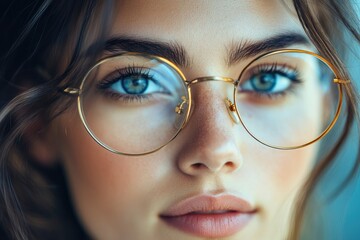 Poster - Beautiful woman wearing stylish round glasses with golden frame is looking at the horizon