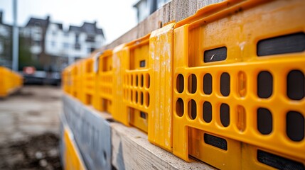 A close-up of orange safety barriers arranged on a construction site, highlighting their design and structure amidst a blurred background of buildings and vehicles.