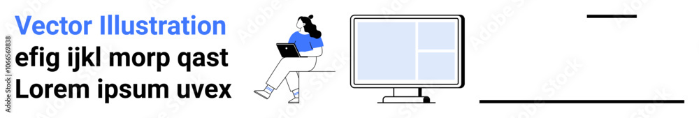 Woman seated with laptop, large computer monitor, dummy text blocks ...
