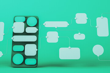 UX UI flowchart connection node designer creative planning application process development data prototype wireframe for web mobile icon phone . User experience concept. 3D Rendering.