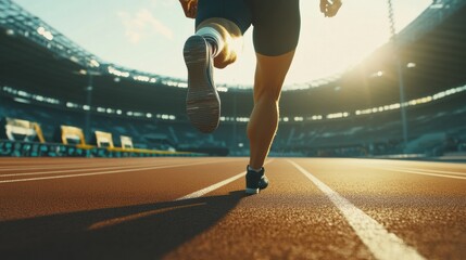 Poster - An athlete with a prosthetic leg races down the track under clear skies in a stadium, showcasing determination and strength. Generative AI