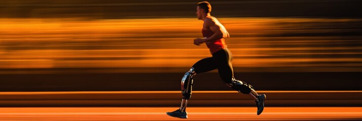 Poster - An athlete races down the track using a prosthetic leg, highlighting resilience and athletic spirit against a warm sunset backdrop. Generative AI