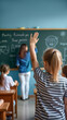 © Juan Mari - A girl raises her hand enthusiastically in a classroom setting, ready to participate in a lesson. For educational content, promoting engagement in learning, and school-related materials, copy space