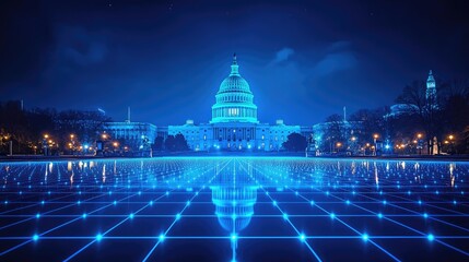Wall Mural - the us capitol building at night with a glowing blue grid in the foreground.
