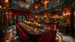 © TK - A lavishly decorated dining room with a large table, surrounded by red chairs, glittering chandeliers, and festive greenery, creating a warm, inviting atmosphere.
