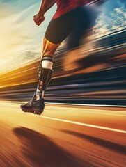 Poster - An athlete runs energetically on a track, using a prosthetic leg while the sun sets, capturing the spirit of perseverance and strength. Generative AI