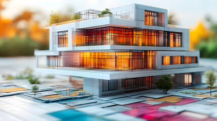 Fototapete - A modern architectural model showcasing a multi-level building with large glass windows, surrounded by landscaped areas and colorful pathways.