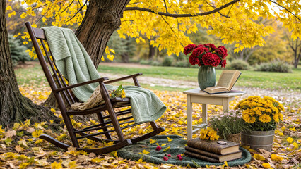 Wall Mural - plaid, rocking chair, book, autumn, leaves,