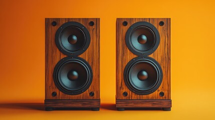 Pair of vintage wooden stereo speakers on an orange background.