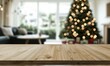 © Natalia - Wooden surface with a blurred Christmas tree in the background. AI.