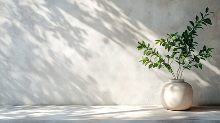 Wall Mural - Empty table against white textured wall background, with leave shadow and vase of plant