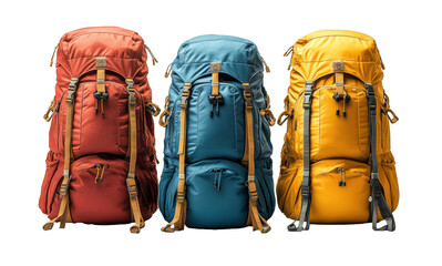 Set of three colorful hiking backpacks in teal, blue, red and yellow, isolated on transparent background, outdoor gear, travel essentials, camping equipment, adventure accessories, exploration bags