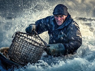 Professional photo of a fisherman on a crab boat in rough sea, wearing waterproof clothing