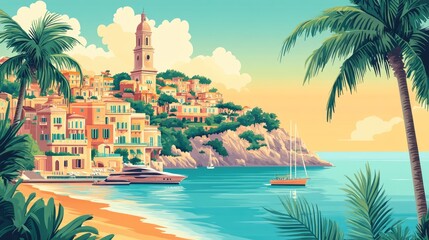 Wall Mural - A picturesque coastal town nestled on a hillside overlooking a sparkling blue sea with palm trees and a sailboat in the distance.