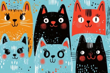 Naklejka na meble Cute and happy cartoon cat pattern with lots of cats of different colors, smiling faces, and laughing faces