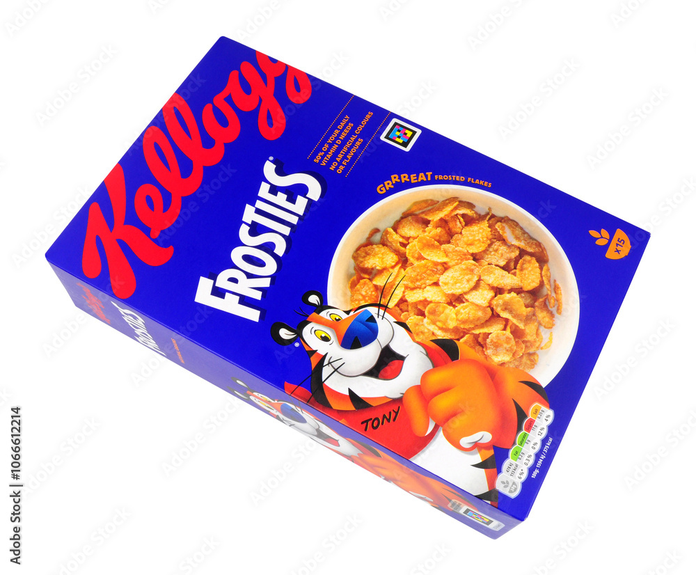 Box of Kellogg's frosties, sugar frosted flakes of corn fortified