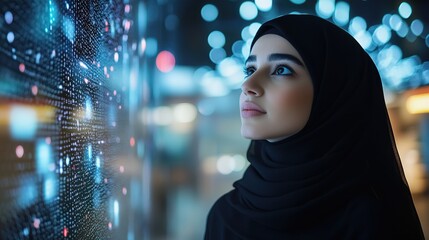 Elegant hijab woman in black top looking up at a digital wall with lights and screen projections