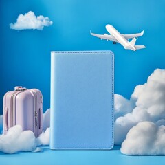 Aufkleber - A blue passport, luggage, and a plane flying over clouds are shown on a blue background. This design is perfect for summer travel advertising.