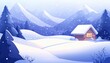 © TYNQ - A cozy cabin nestled in a snowy mountain landscape with falling snow.
