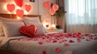 © suriya - A room decorated with heart-shaped balloons and rose petals on the bed creates a romantic atmosphere for Valentine's Day