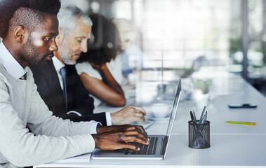 Aufkleber - Businessman, meeting and typing in office with laptop, planning and investment research at coworkers. Accountant, computer and profile in company boardroom for workshop, agenda and update schedule