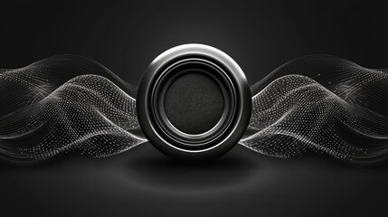 Black circular frame with a textured black background, surrounded by two abstract wavy lines of white dots on a black background.