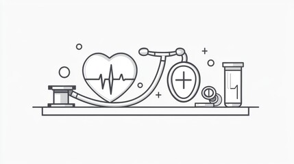 Medical Tools and Heartbeat Line Illustration