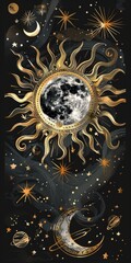 Decorative Sun. Gold and Silver Moon with Stars on Dark Background