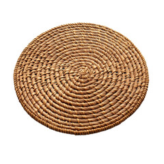 Round woven wicker mat with intricate natural texture, rustic handmade boho-style decor accessory for home, isolated on transparent background