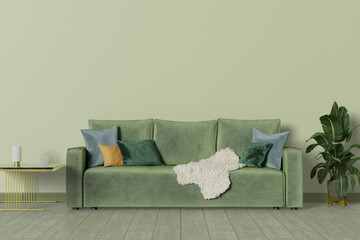 Modern living room mockup, beige minimal sofa on empty wall background, 3d render