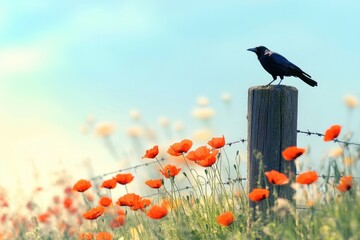 A black bird sits atop a rustic wooden post, potentially in a natural or urban setting