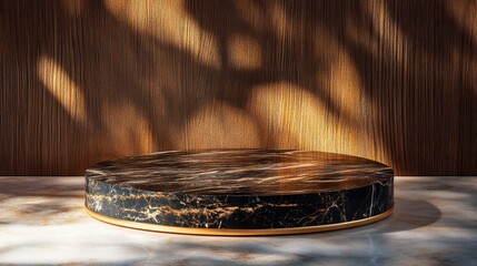 Circular marble pedestal with intricate gold inlay, abstract elegance, luxury presentation