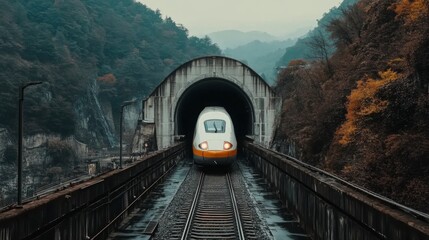 Poster - Train Emerging from Dark Tunnel in Autumn Landscape