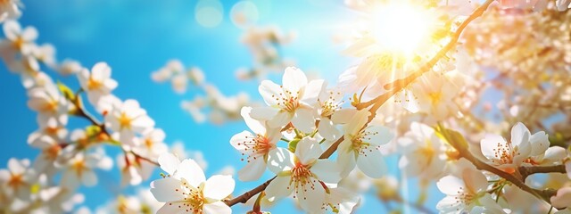 Wall Mural - blossoming cherry blossoms in vibrant sunlight against a clear blue sky during springtime