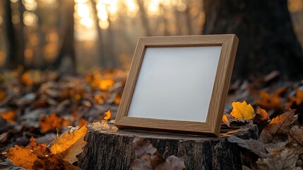 Wall Mural - Blank wooden frame on a tree stump in an autumn forest.