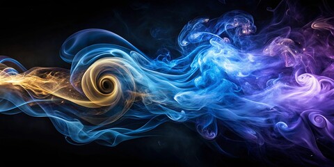 Wall Mural - Ethereal Swirls of Blue, Purple, and Golden Smoke on a Dark Background