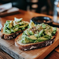 Close-up of two avocado toast with sesame seeds on a wooden cutting board.