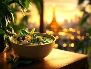 A rich bowl of green curry with tender pieces of chicken