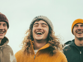 Laughing friends enjoying joyful moment outdoors, showcasing happiness and camaraderie. Their expressions reflect carefree spirit and connection