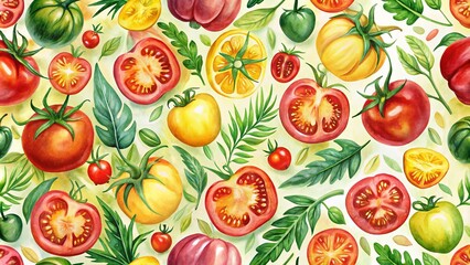 Wall Mural - A Vibrant Watercolor Tapestry of Sliced Tomatoes, Whole Tomatoes, and Green Foliage, Interwoven with Yellow Citrus Slices and Miniature Red Tomatoes