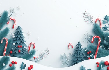 Wall Mural - Festive 3D illustration with red and white Christmas decorations including candy canes, pine cones, and baubles on a white background. Perfect for holiday-themed designs and seasonal celebrations.