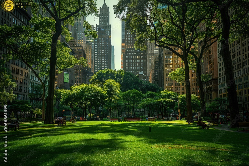Urban park in large city with tall buildings in background. Green trees ...
